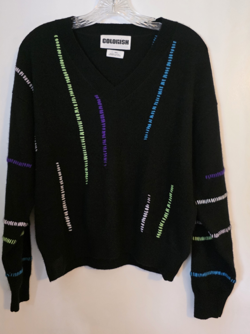 COLORUSH Studio Jixy 100% Cashmere V-Neck Sweater Black Multicolor Stitch Accent